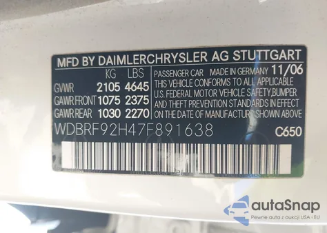 2007 Mercedes-Benz C 280 Luxury 4Matic z USA, uszkodzony, nr VIN WDBRF92H47F891638